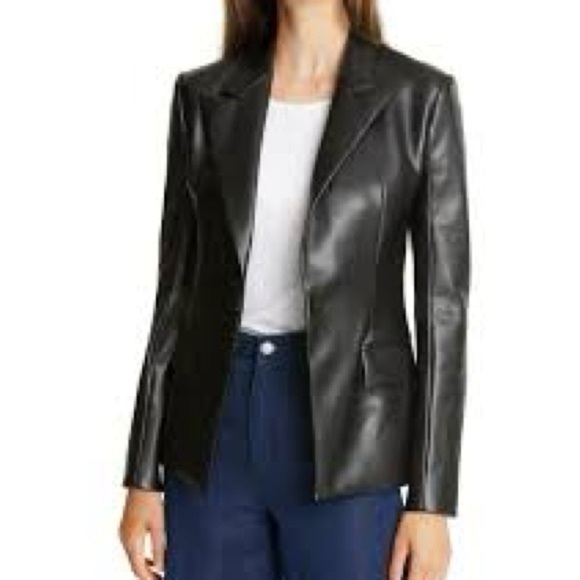 Theory Bedford Faux Leather Angled Blazer Black Vegan Business Casual Women’s 0 - Picture 2 of 14